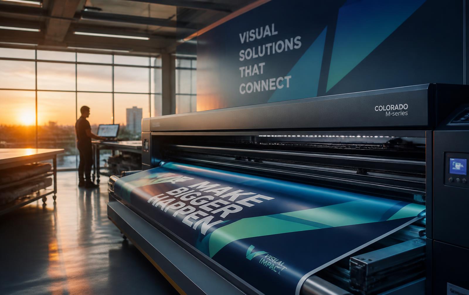Large format printer producing a branded banner on a modern print production floor