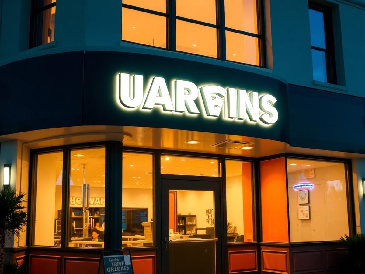 Illuminated storefront channel-letter sign at dusk